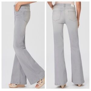 Paige Genevieve High-Rise Flare Jeans w/ Raw Hem in Hazey Grey, 27